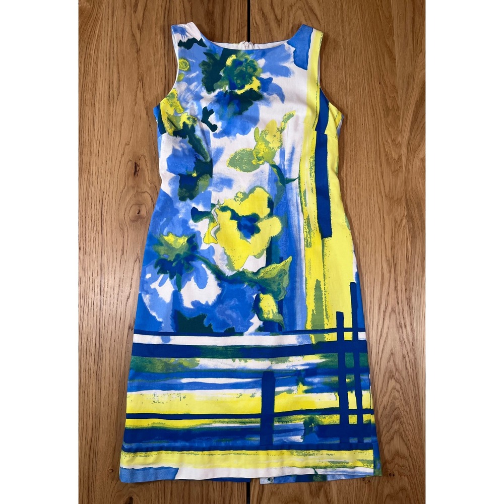 Chetta B Floral Sheath Dress Womens Size 6 Blue Yellow Abstract Summer Wedding